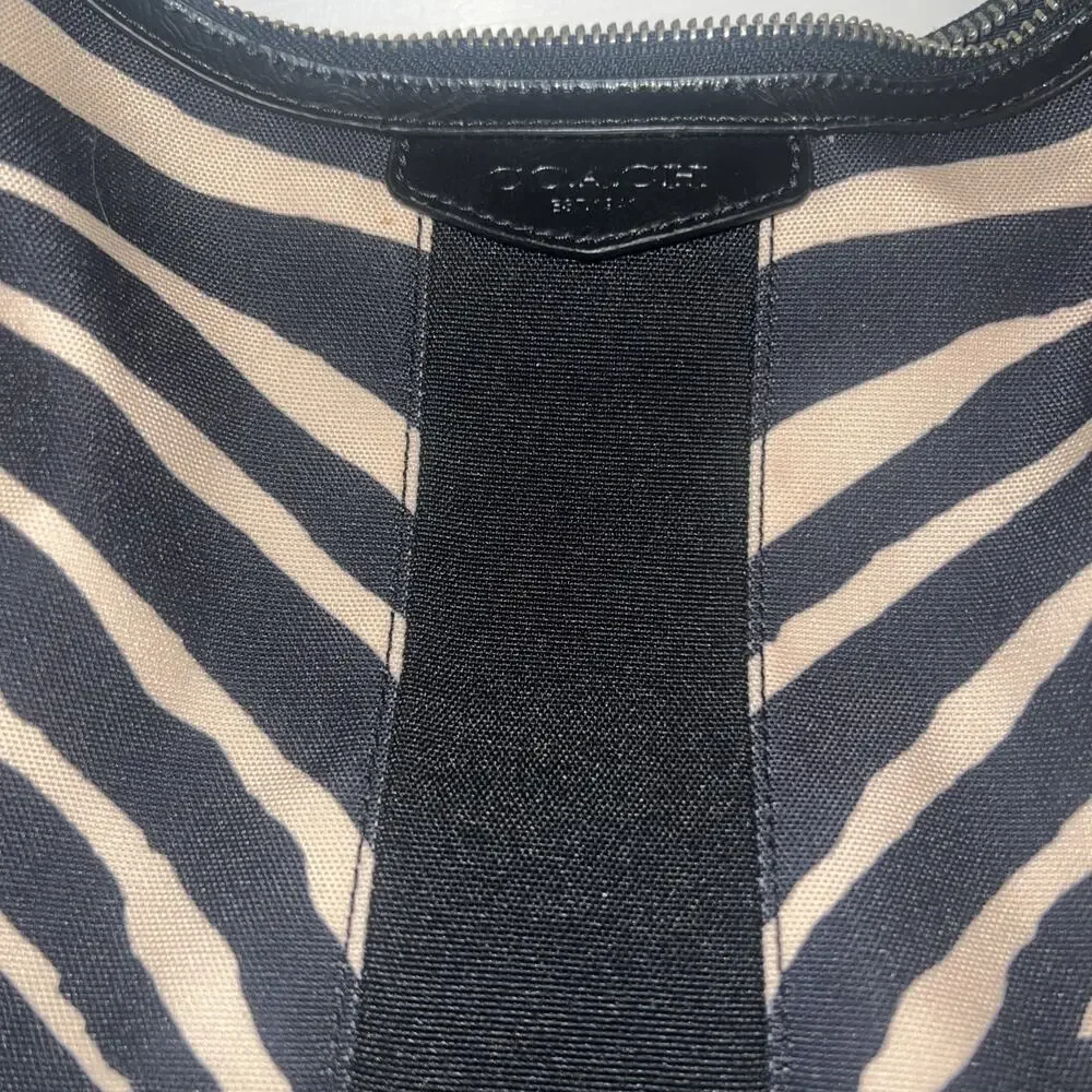 Coach Signature Zebra Stripe Black & Tan Canvas Shoulder Purse